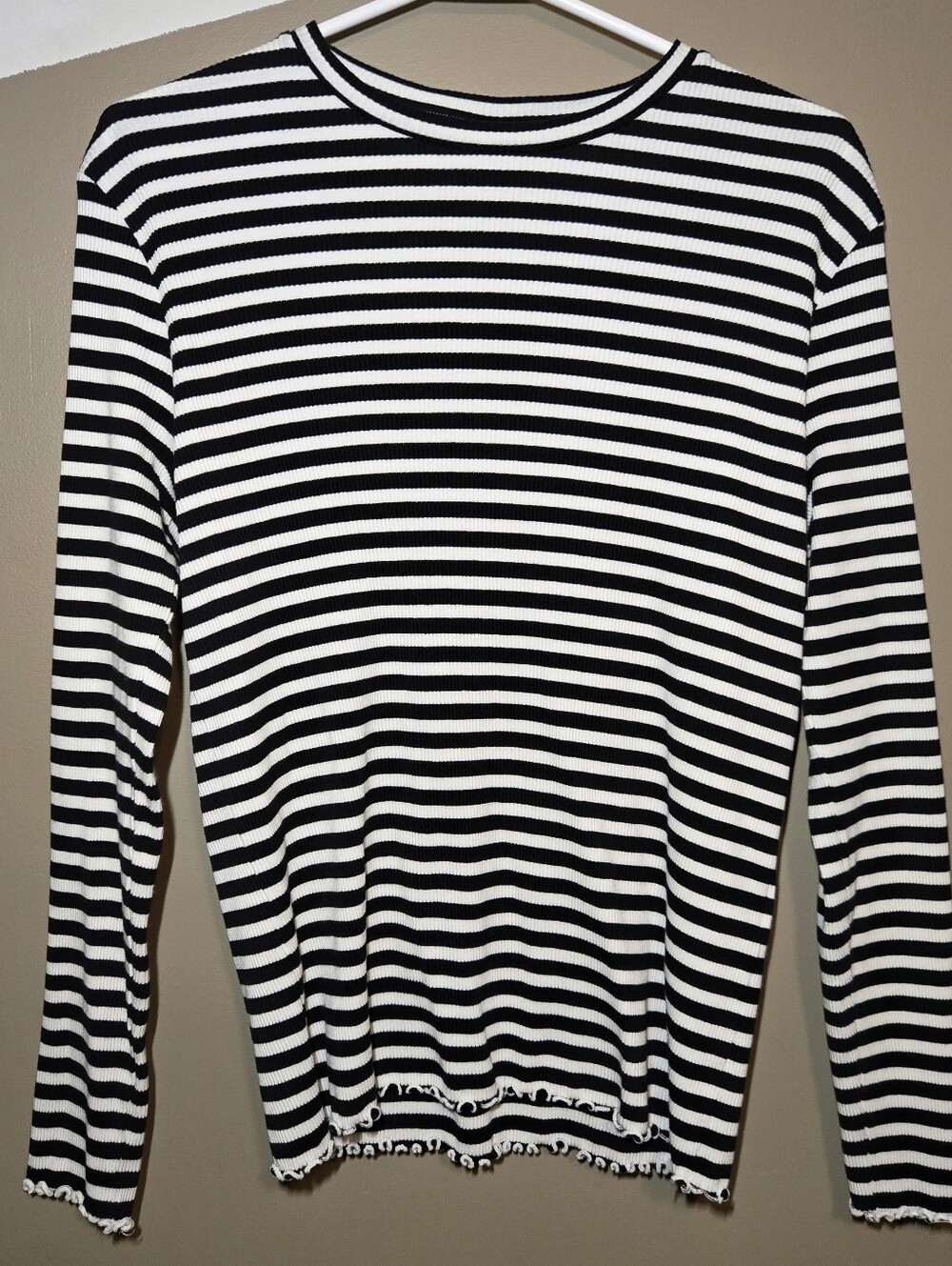 VILA Women's Black White Striped Ribbed LS Organic Cotton Top EU XXL Lettuce Hem